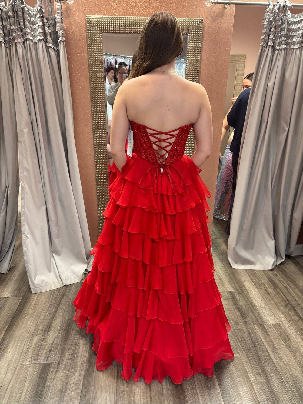 ellie wilde Strapless Red Tiered Ruffle Gown with Lace-Up Back
